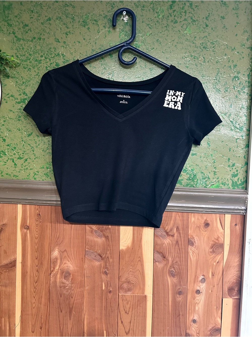 Mudd Black V-Neck Cropped Tee with White Chest Print